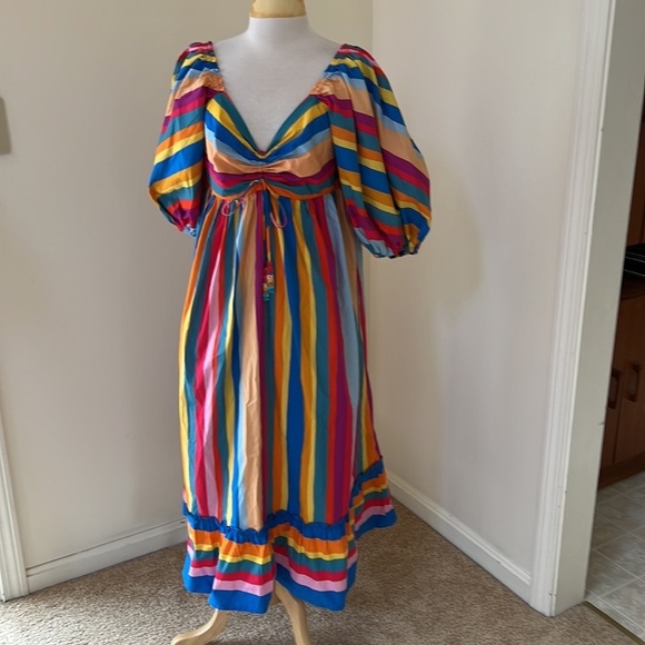 Farm rio large striped rainbow puffy sleeve dress. - Picture 7 of 12